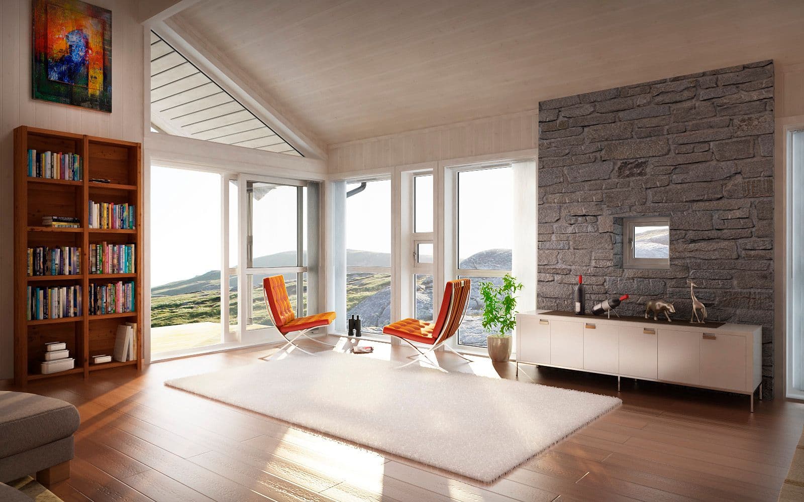 Moderne stue med veranda skyvedør ut mot idyllisk landskap i vår.