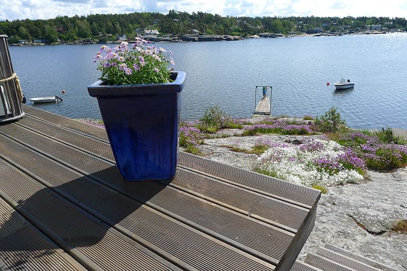 Blå blomsterpotte står på platting, hytte ved sjøen.