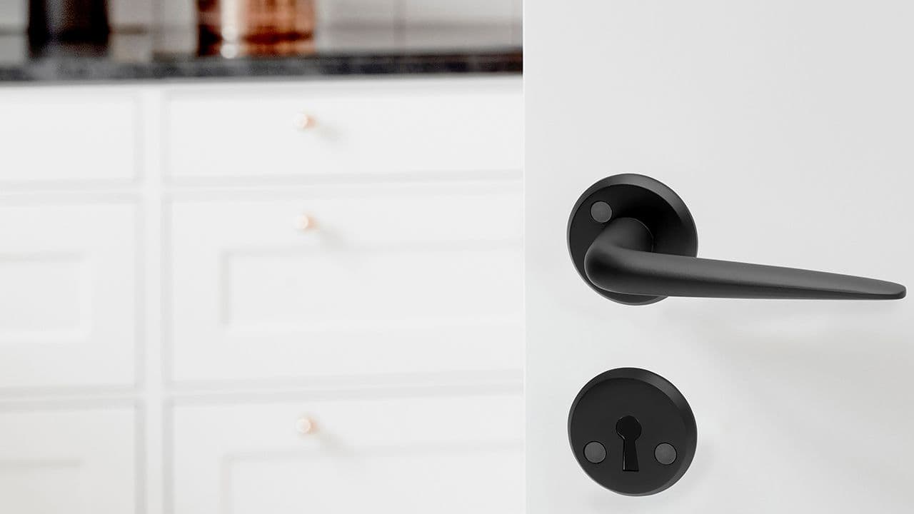 Moderne dørvrider innerdør i sort på hvit dør.