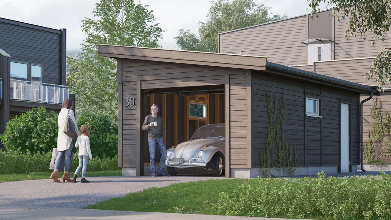 Saltdalsgarasjen enkel garasje med skråtak 8 grader.