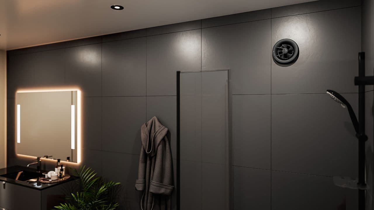 Flexit BODO baderomsvifte i svart på svart bad.