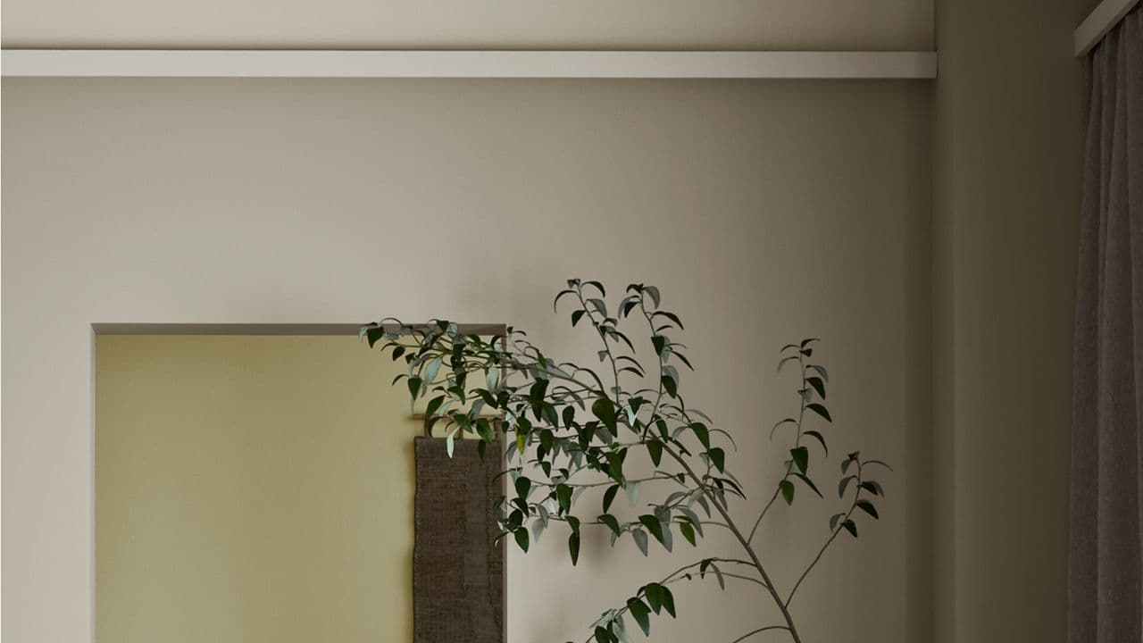 Vegger malt i 12290 Antwerp Beige, 12075 Soothing Beige og 8583 Earthy Yellow, 0288 Mexico og listverk i 1376 Mist fra Jotuns nye fargekart CANVAS.