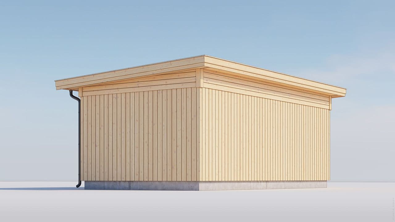 Baksiden av Saltdalsgarasjen enkel garasje med flatt tak.